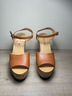 Classified Brown Open-Toe Cork Wedge Sandals with Ankle Strap